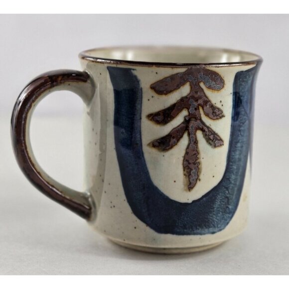 Vintage Décor Stoneware Coffee Mug Tan Blue Brown Rustic Design - Picture 1 of 10